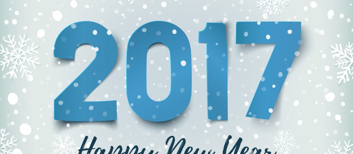 Happy New Year 2017. Blue, Happy New Year 2017 paper typeface on winter background with snow and snowflakes. Happy New Year 2017 greeting card template. Vector illustration.